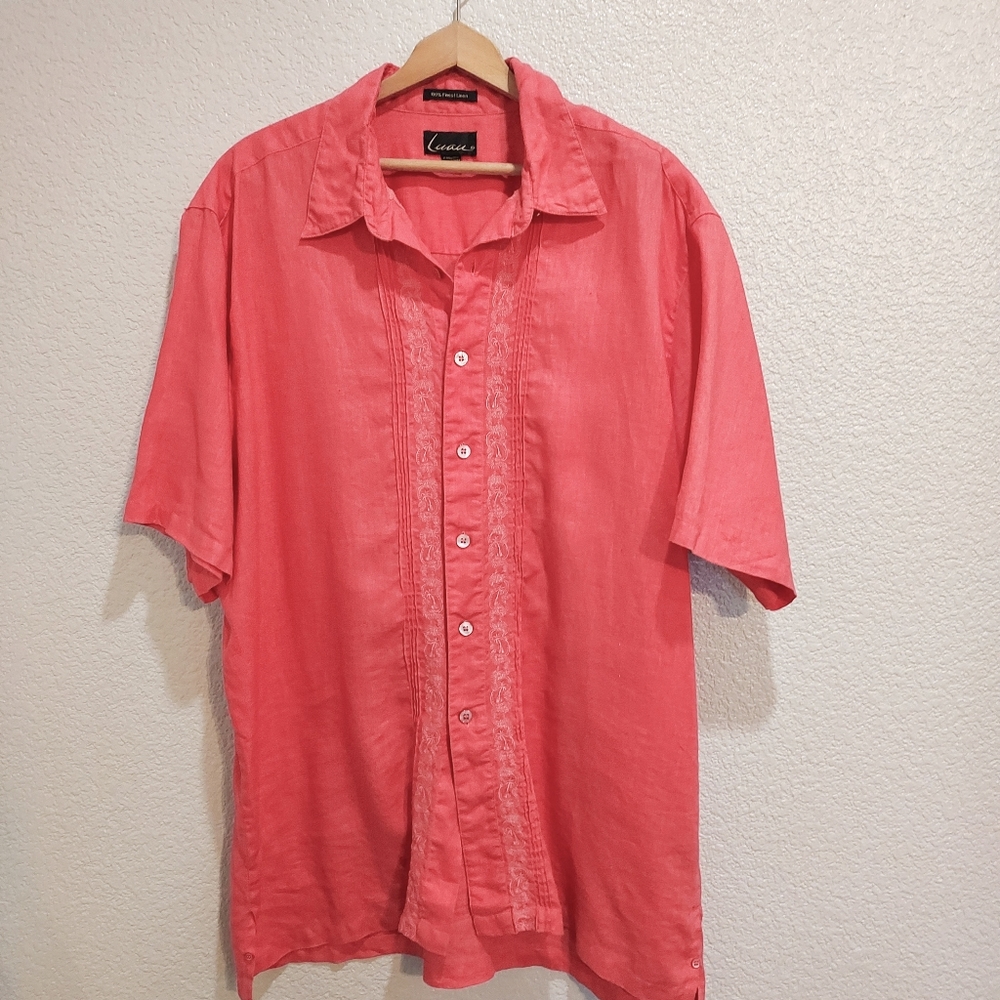 Luau 100% Linen Coral Red Hawaii Aloha Shirt Size XL